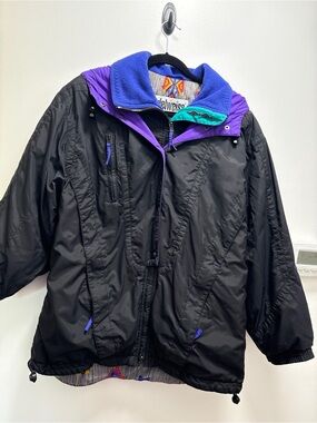Vintage Edelweiss Ski Jacket in Black, Purple & Teal Southwestern Design- Large